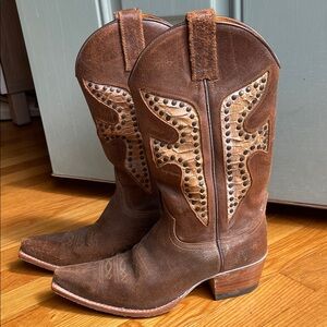 Vintage distressed Frye Cowboy Heeled Boots with Python and stud inlay.